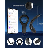 The image features the Lovense Diamo Bluetooth-Controlled Vibrating Cock Ring, a stylish black device by Lovense. It measures 2.55 inches in width, has an inner diameter of 1.75 inches, and is 5.24 inches long. The product offers 7 vibration patterns, app connectivity, and a remote control feature—all illustrated next to a smartphone screen for easy use.